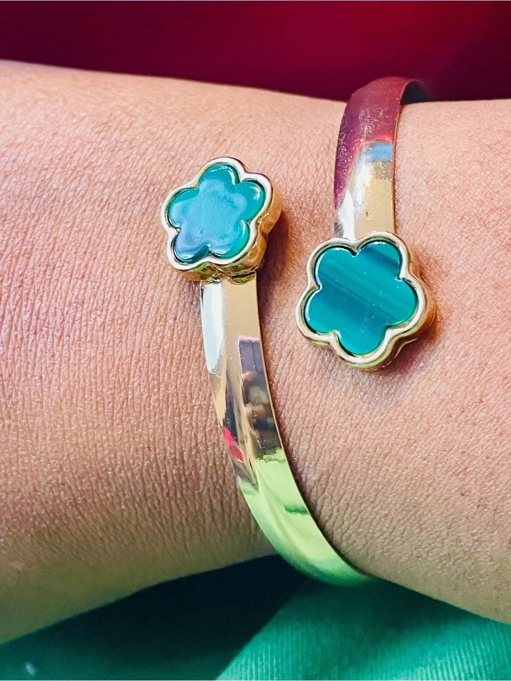 Gold-Tone Double Green Clover Cuff Bracelet - Women Jewelry